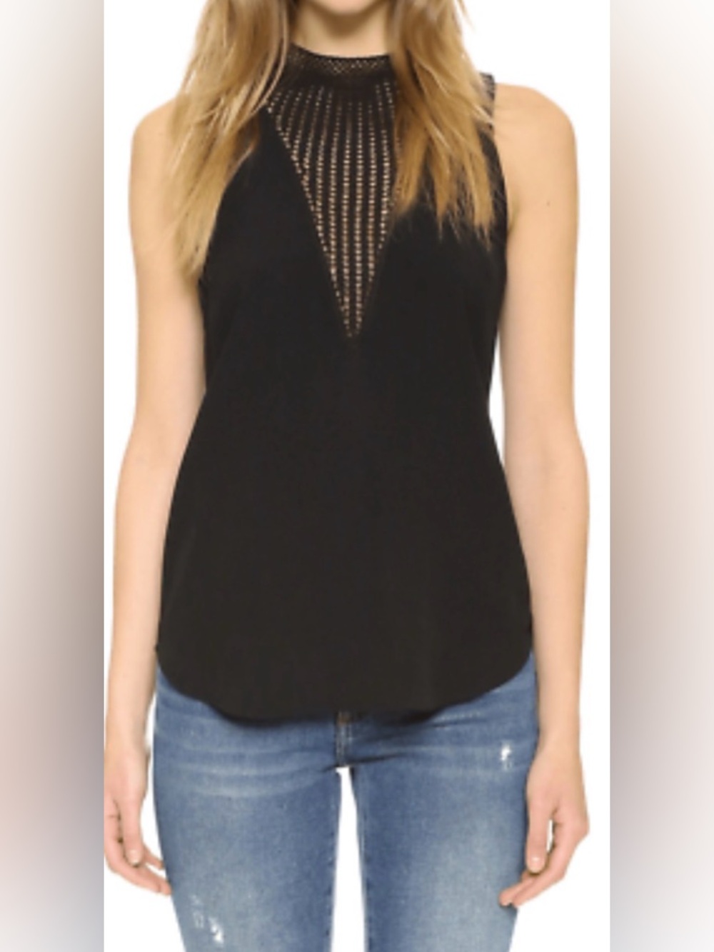 A.L.C. Black Crochet Yoke High-Neck Tank silk blend size 4 designer